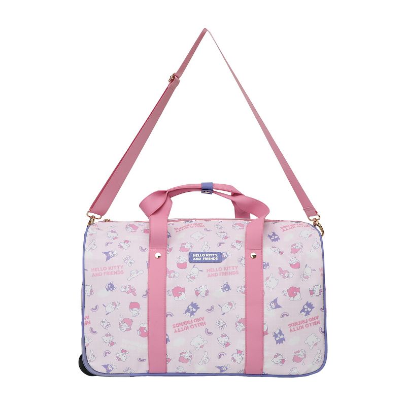 Hello Kitty rolling duffle bag showcasing all-over print design. Hello Kitty rolling duffle bag showcasing all-over print design.