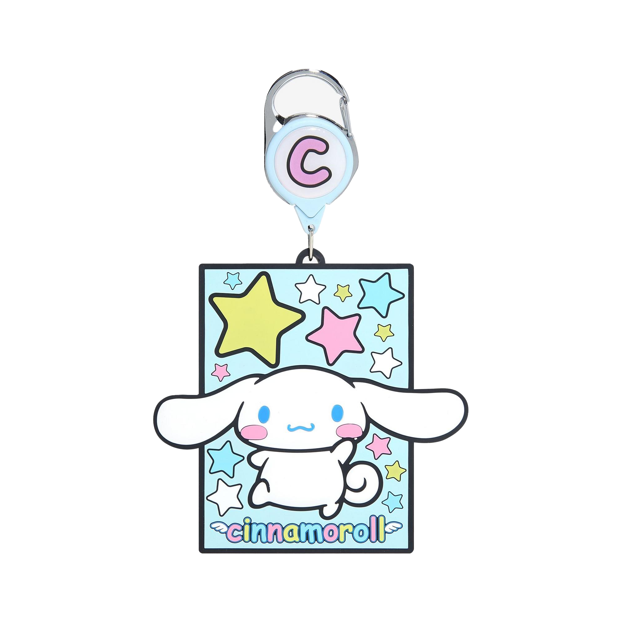 Close-up of Cinnamoroll retractable badge reel showing star details and 'C' logo
