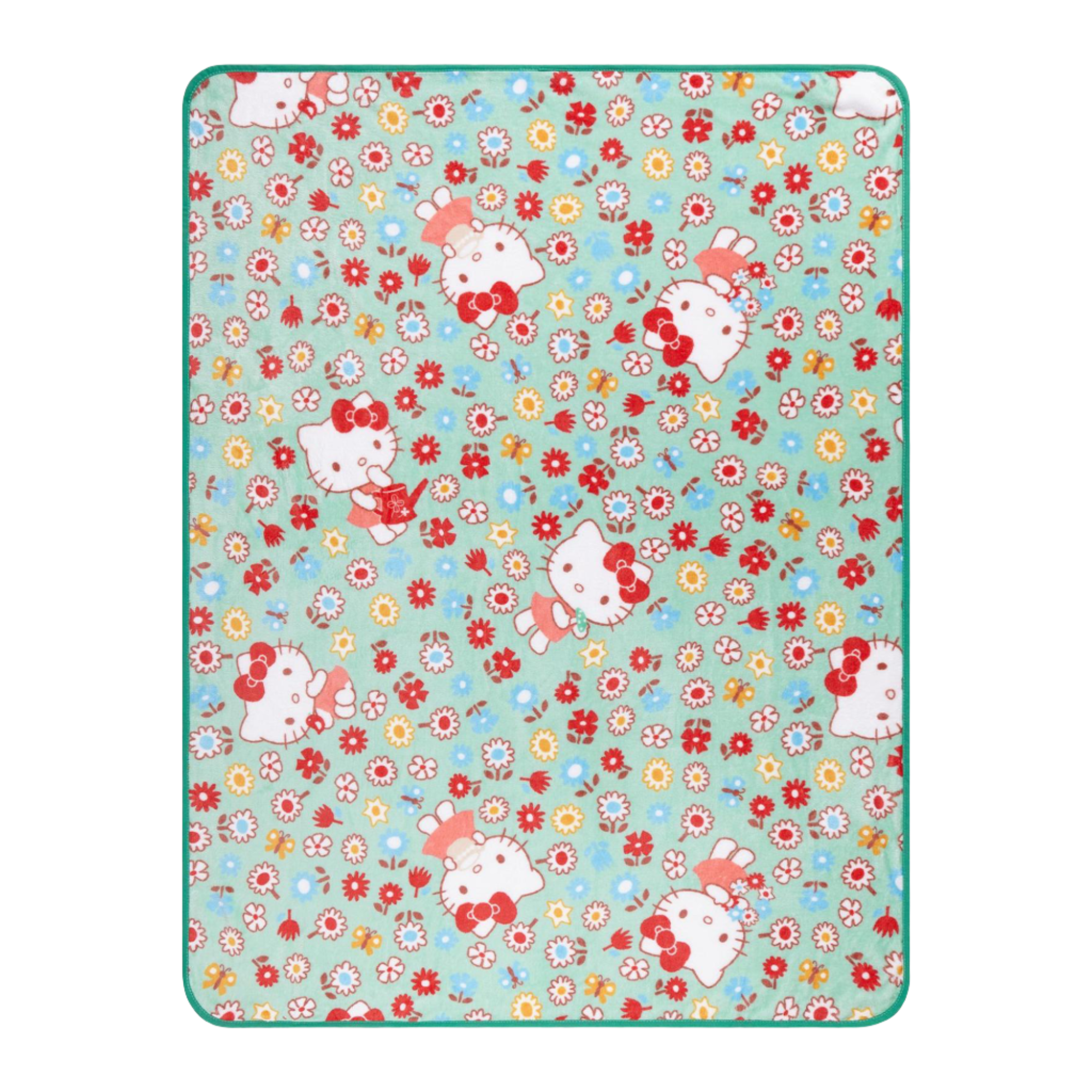 Hello Kitty throw blanket with colorful flower print, ideal for cozying up on the couch.