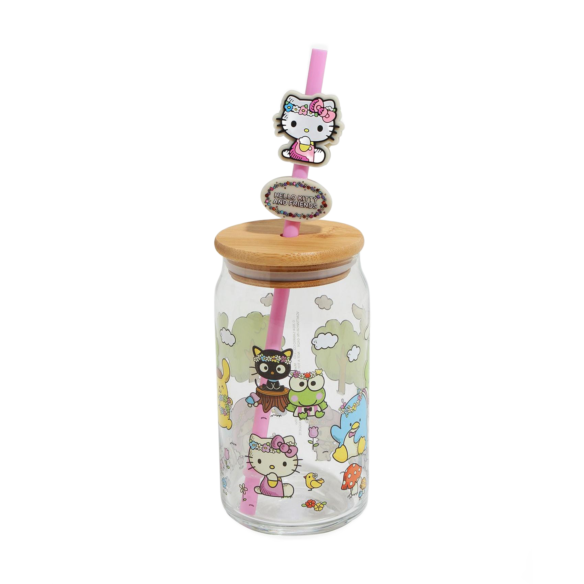 Close-up of Hello Kitty glass cup with flower charm and bamboo lid