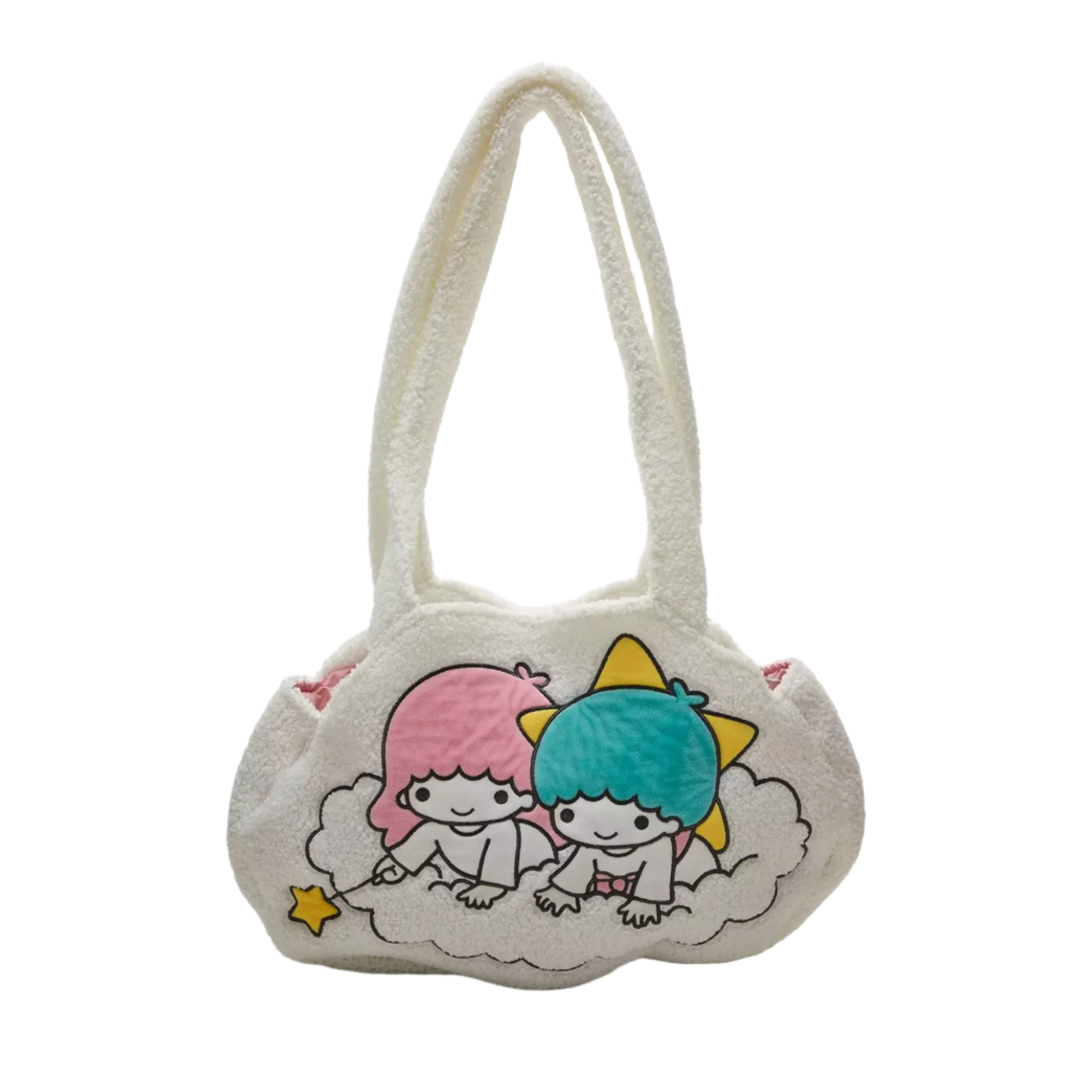 Front view of LittleTwinStars plush tote bag showing cloud shape and embroidery