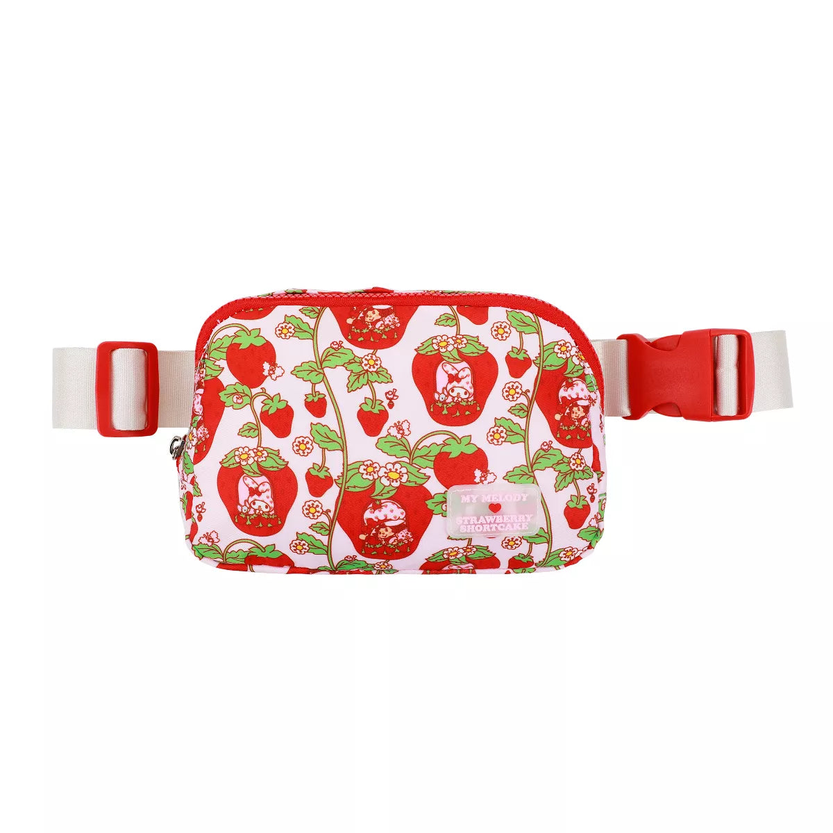 Front view of My Melody fanny pack with vibrant design.