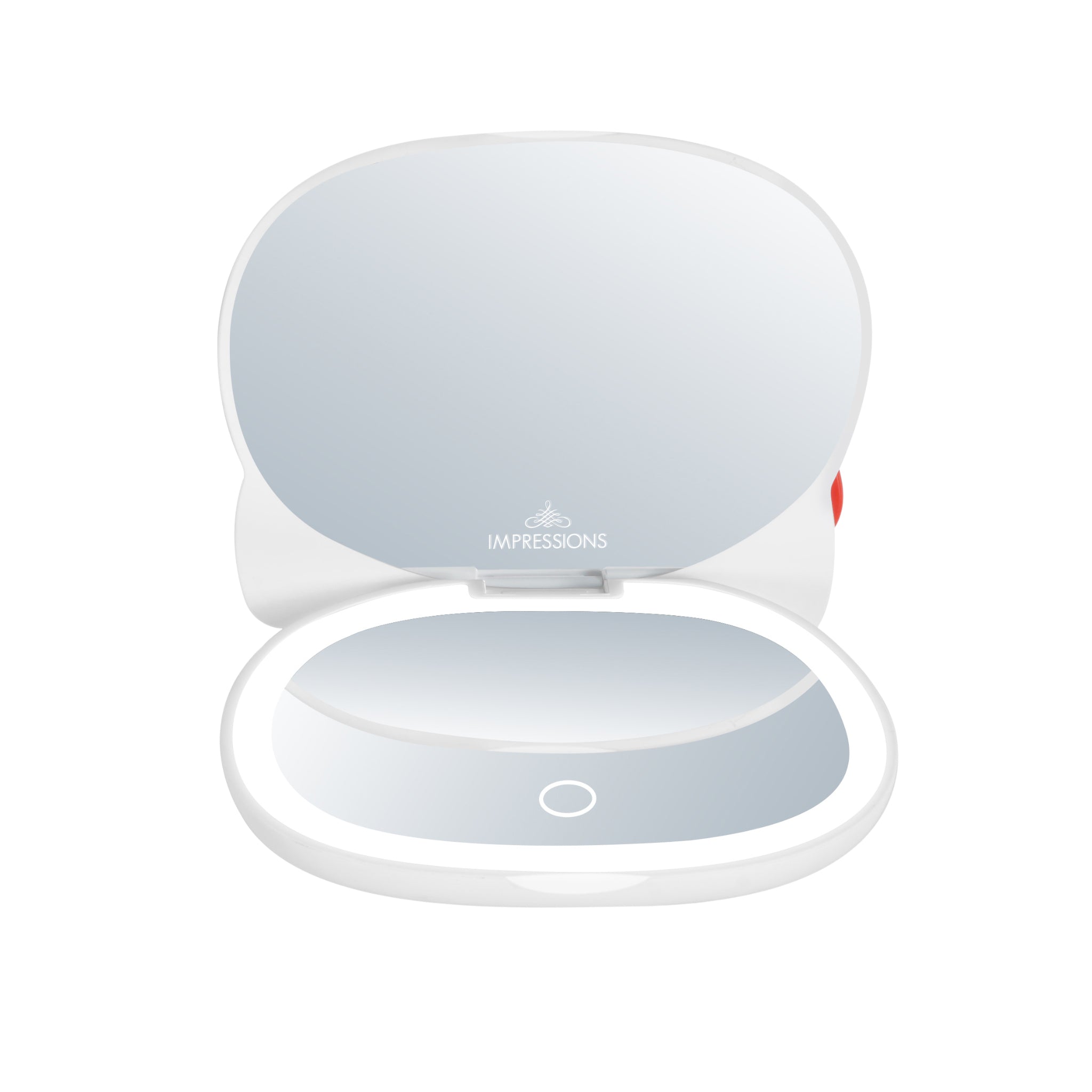 Front view of Hello Kitty LED compact mirror with lighted makeup mirror and magnification