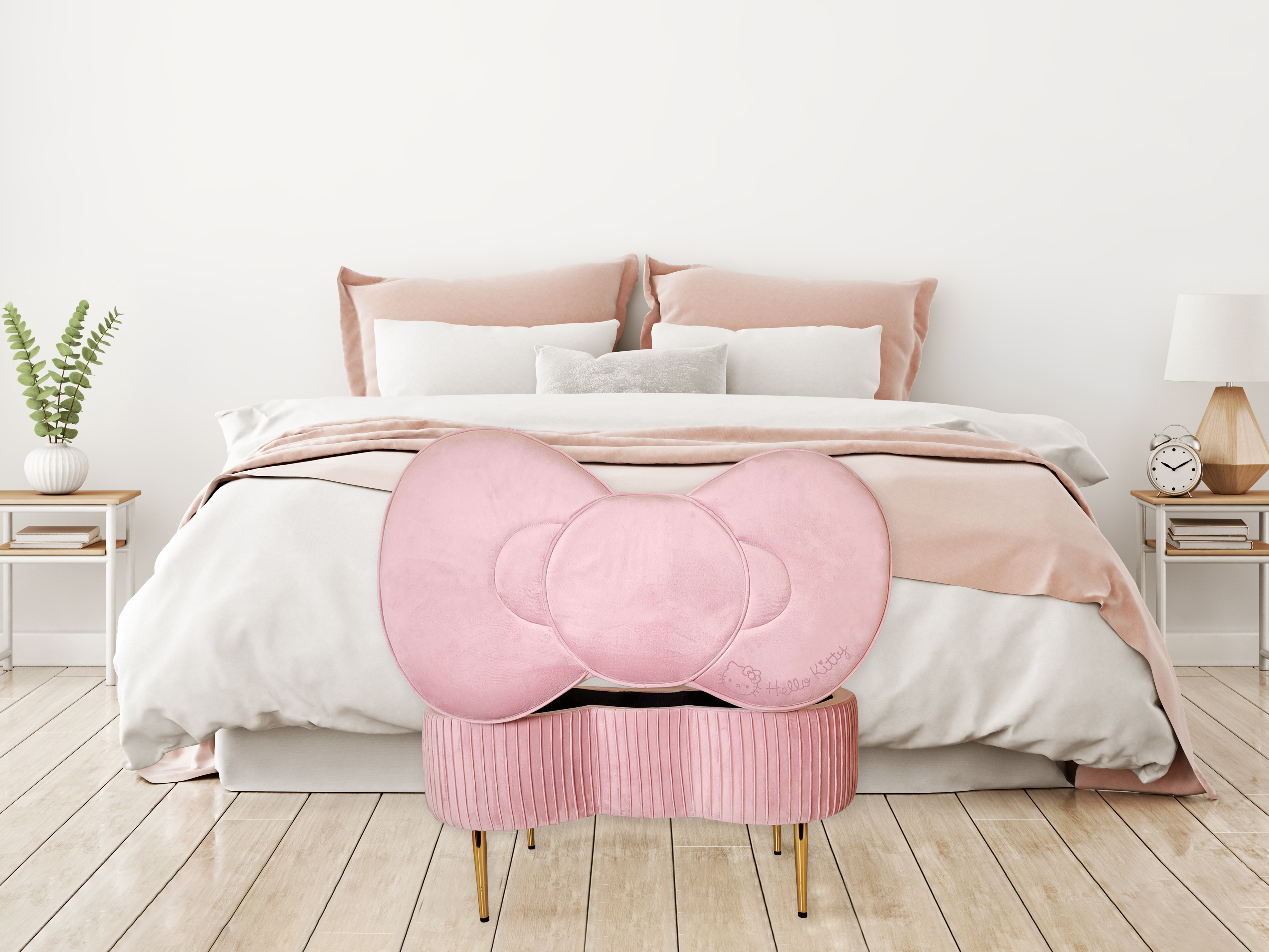Kids bedroom setup with pink velvet storage bench next to a twin bed