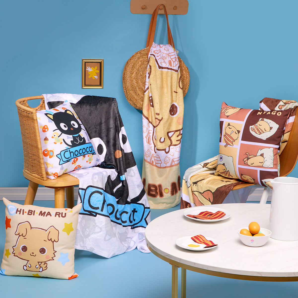 Chibimaru blanket draped over couch in living room setting
