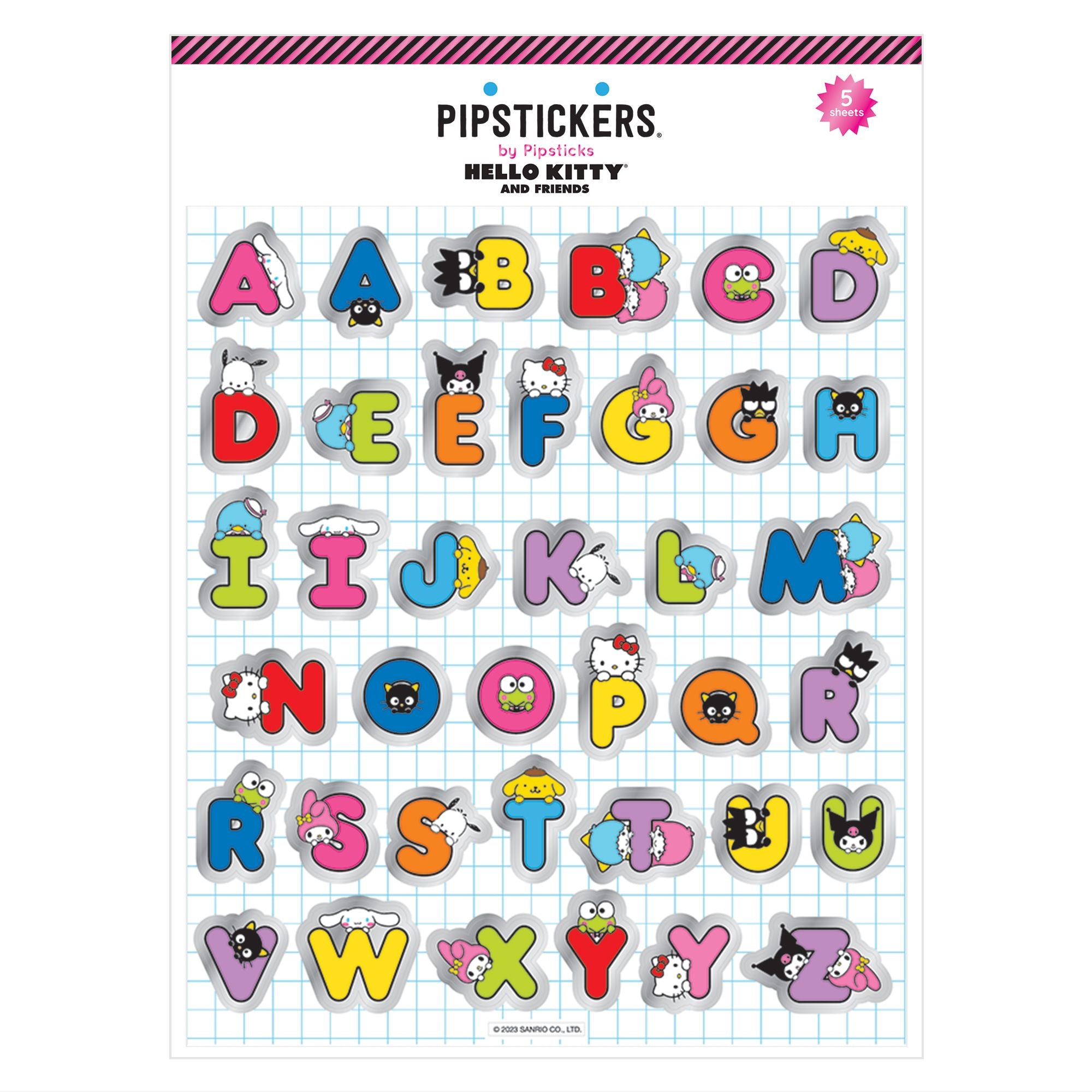 Close-up of large alphabet letters stickers with Hello Kitty design and glitter details