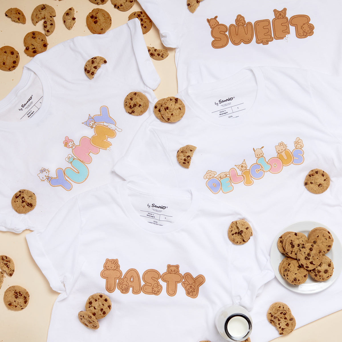 Model wearing a lightweight Hello Kitty tee with biscuit print for everyday casual style