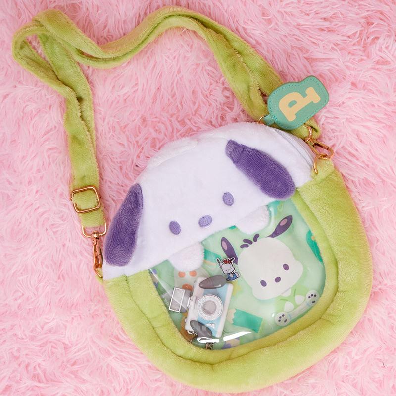 Close-up of the character zipper pull on the Pochacco plush ita-bag crossbody.