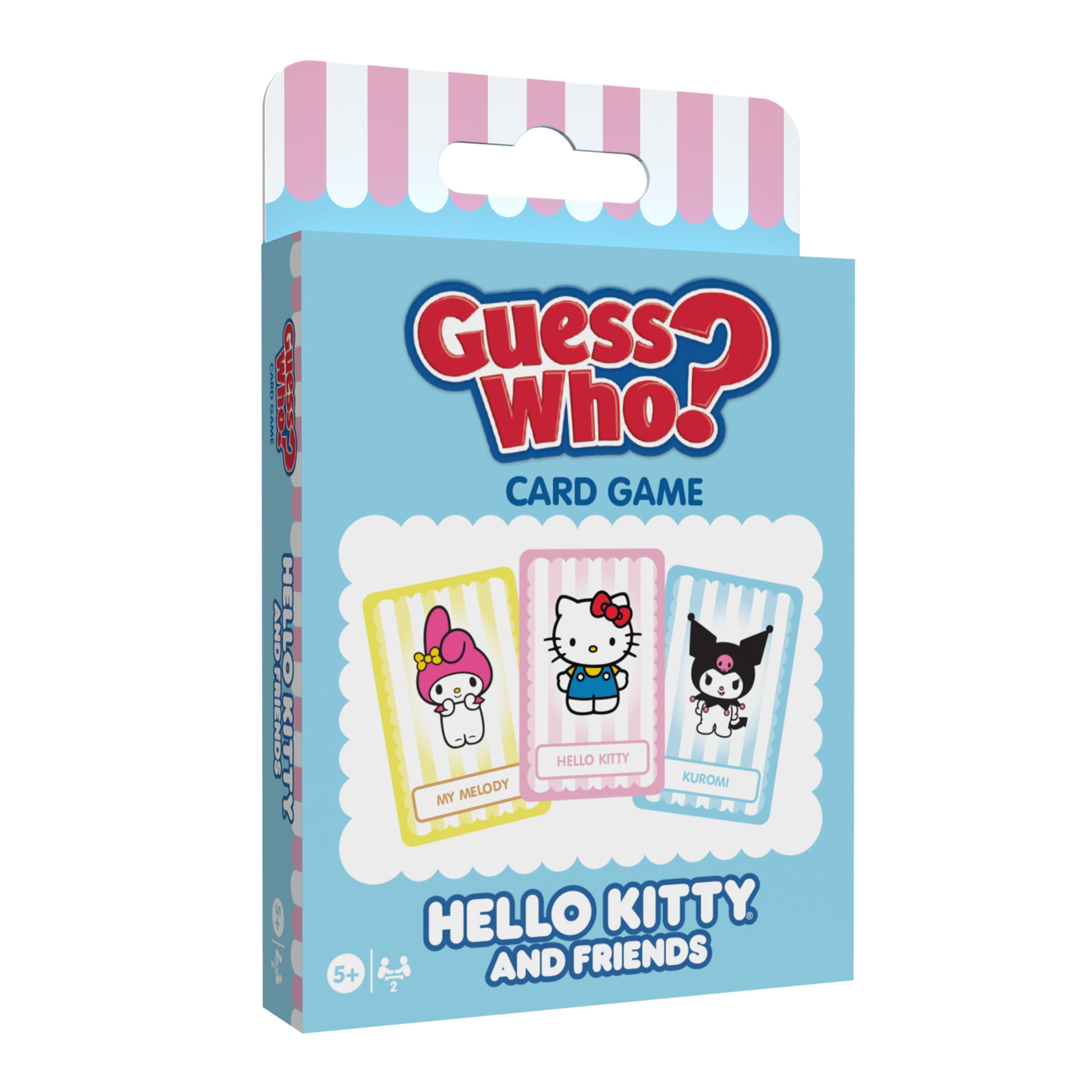 Top-down view of Hello Kitty card game setup on a wooden table