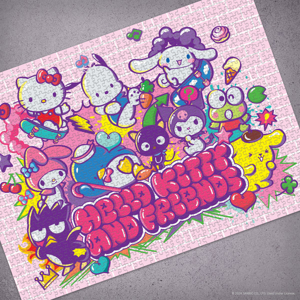 Completed Hello Kitty Tokyo Skate 1000-piece jigsaw puzzle on a table