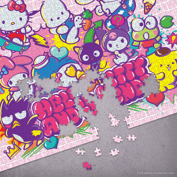 Completed Hello Kitty Tokyo Skate 1000-piece jigsaw puzzle on a table