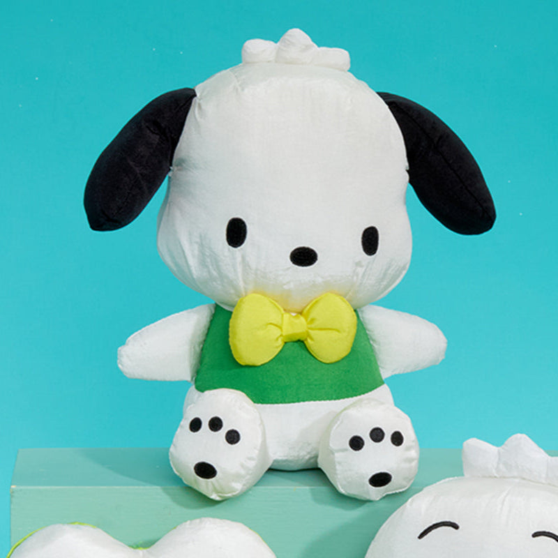 Side angle of Pochacco plush highlighting Balloon Kids patch and color block design