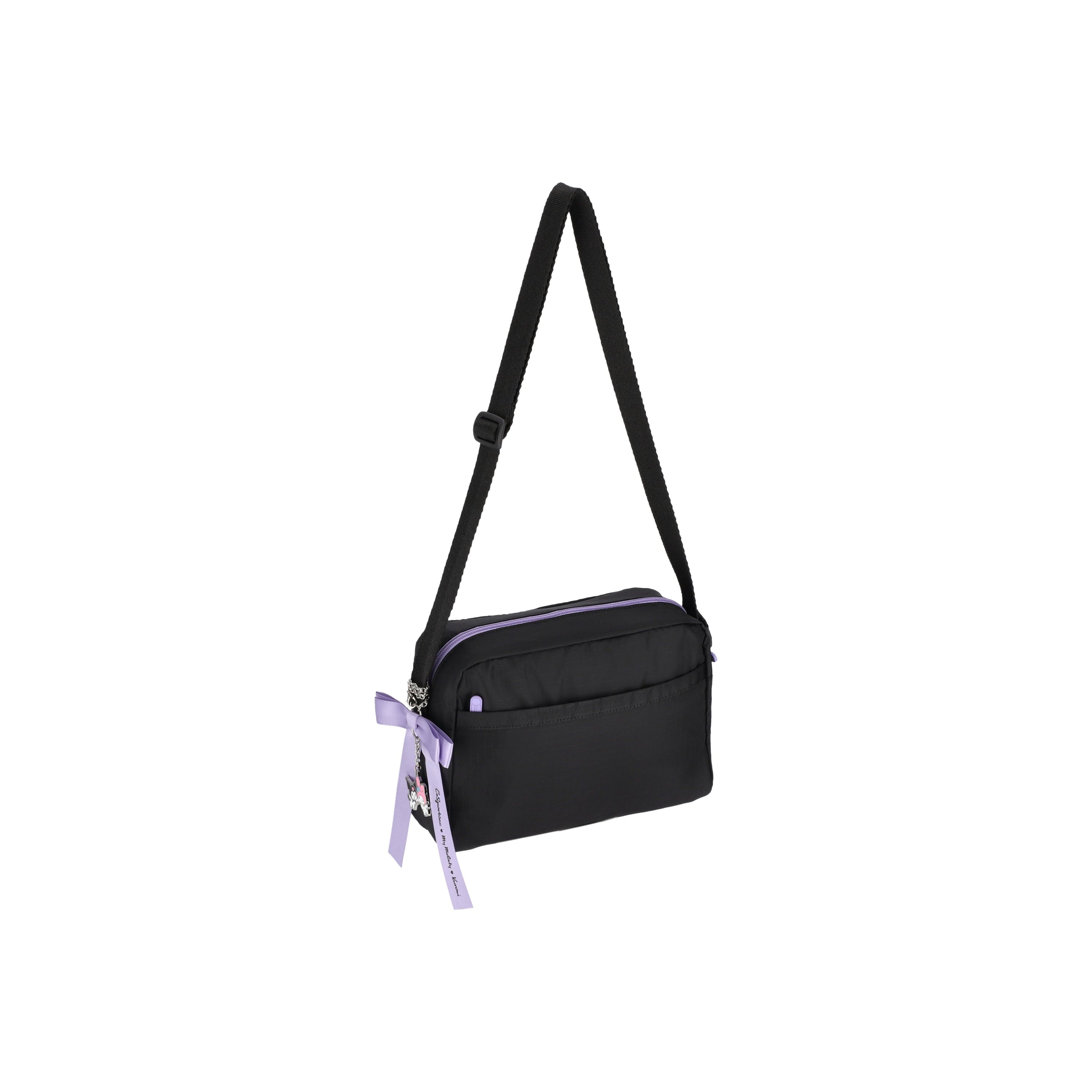 Back view of the bag highlighting Kuromi graphics and magnetic snap closure