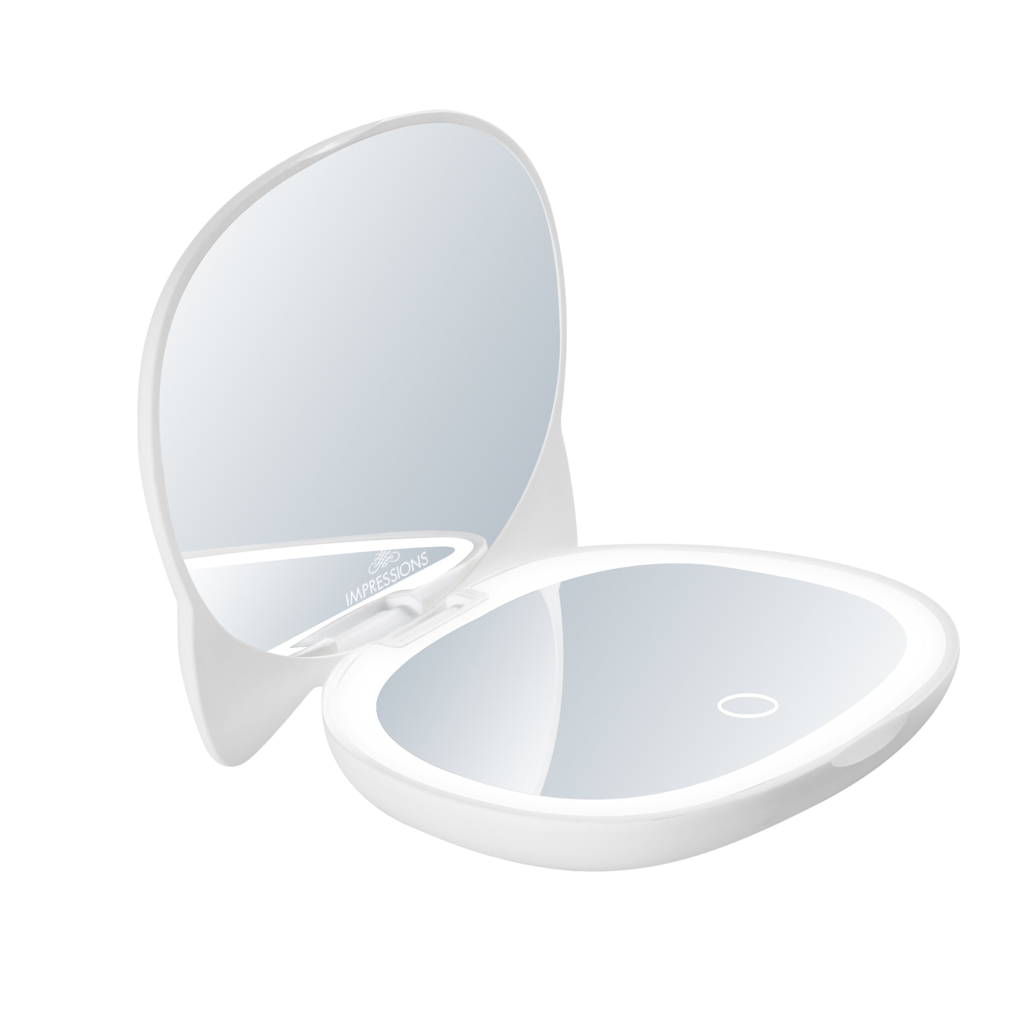 Open LED compact mirror showing dual mirrors and adjustable brightness feature