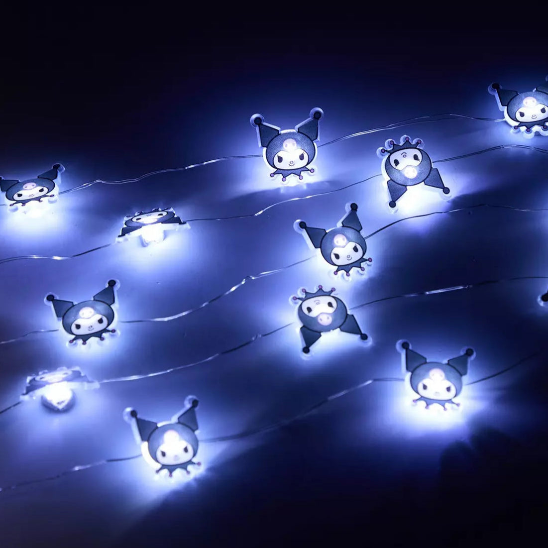 Kuromi string lights wrapped around a room, creating a cozy anime-inspired ambiance