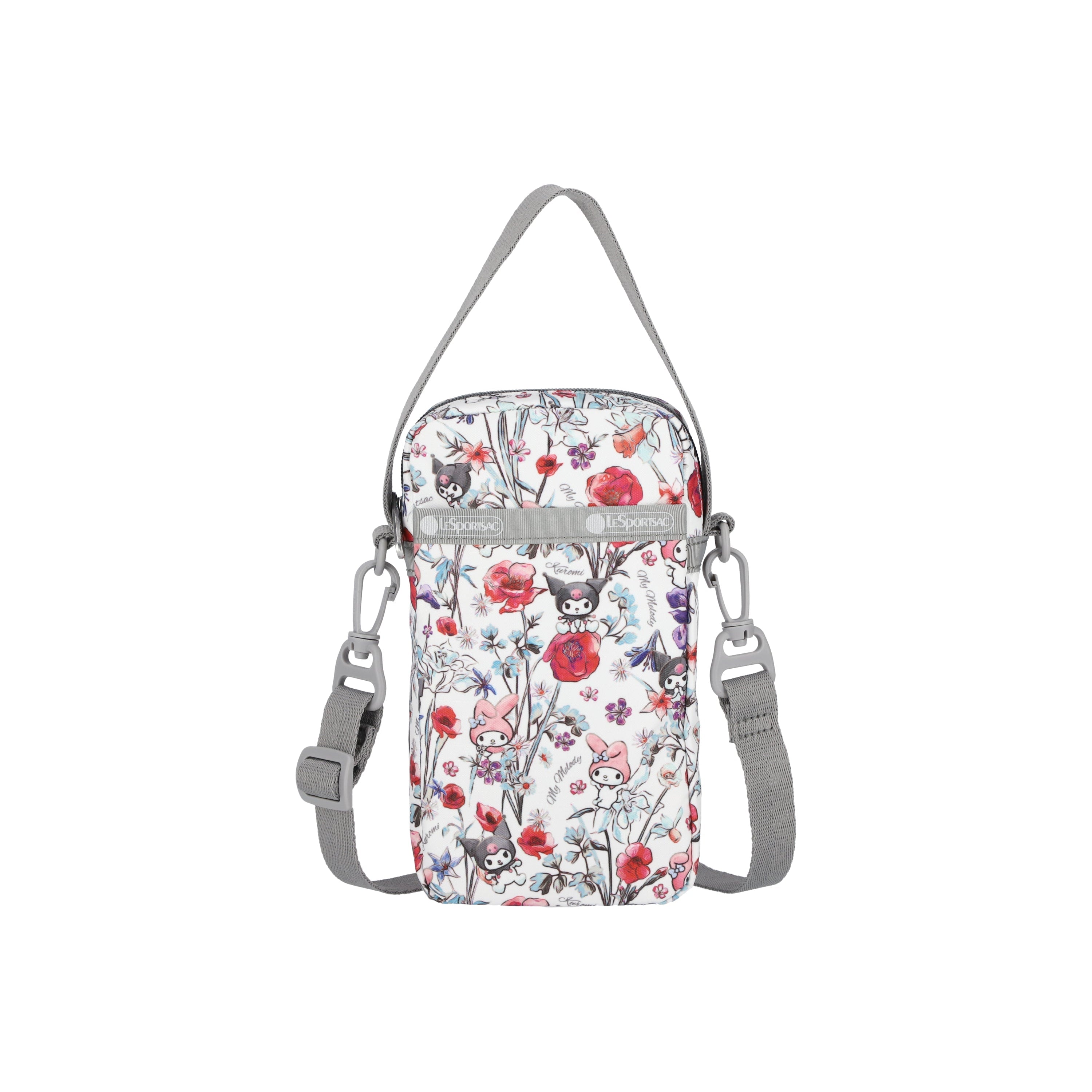 LeSportsac mini crossbody bag with My Melody and Kuromi characters in vibrant print