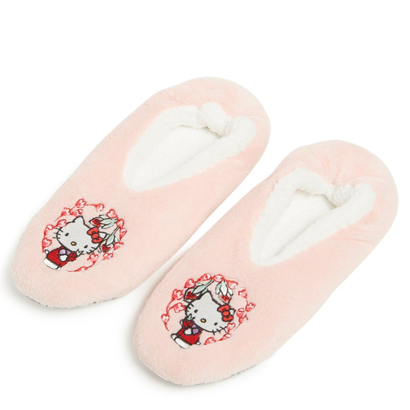 Top view of Hello Kitty slippers with Vera Bradley floral pattern and sherpa lining