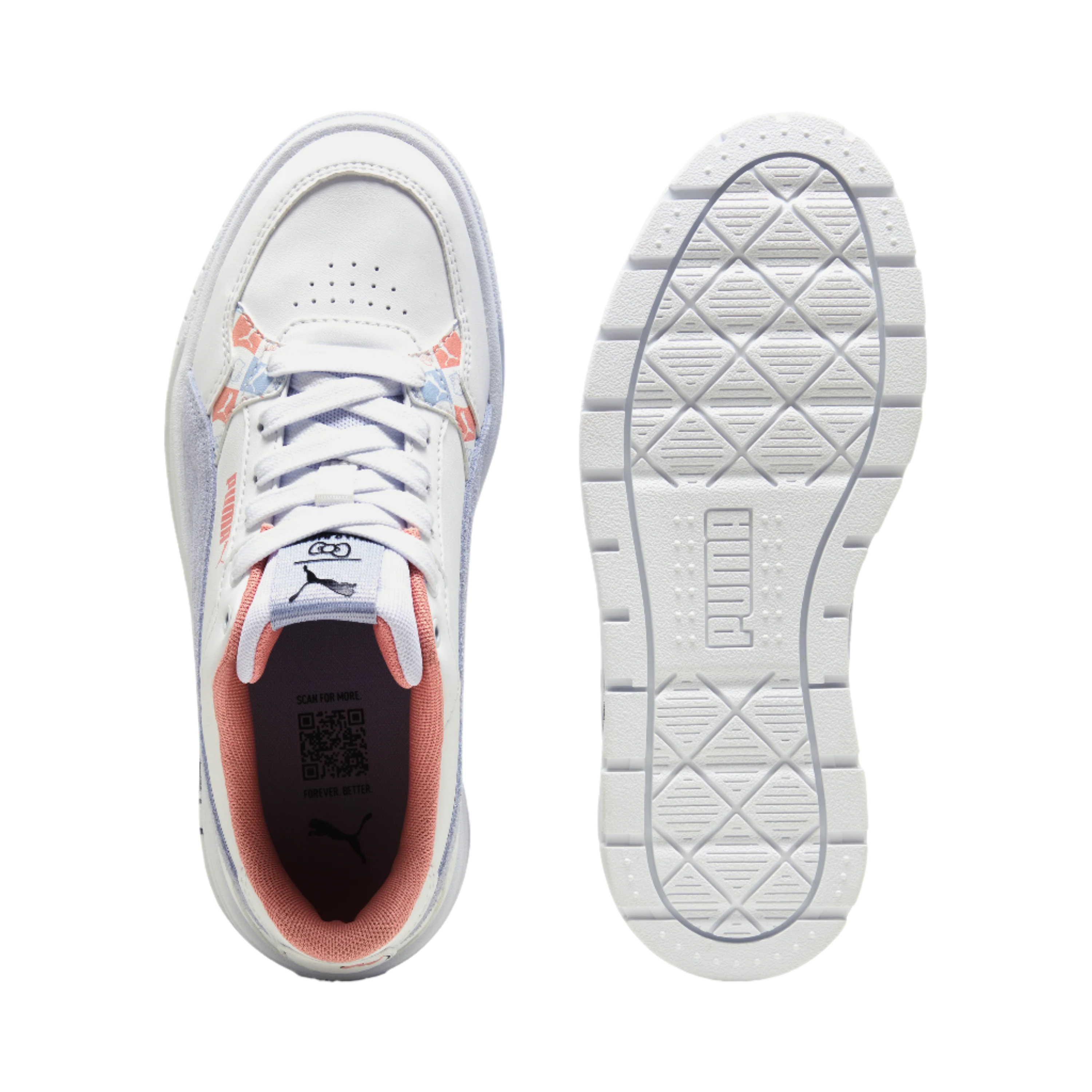 Side view of PUMA youth shoes in sunset pink with Hello Kitty logo