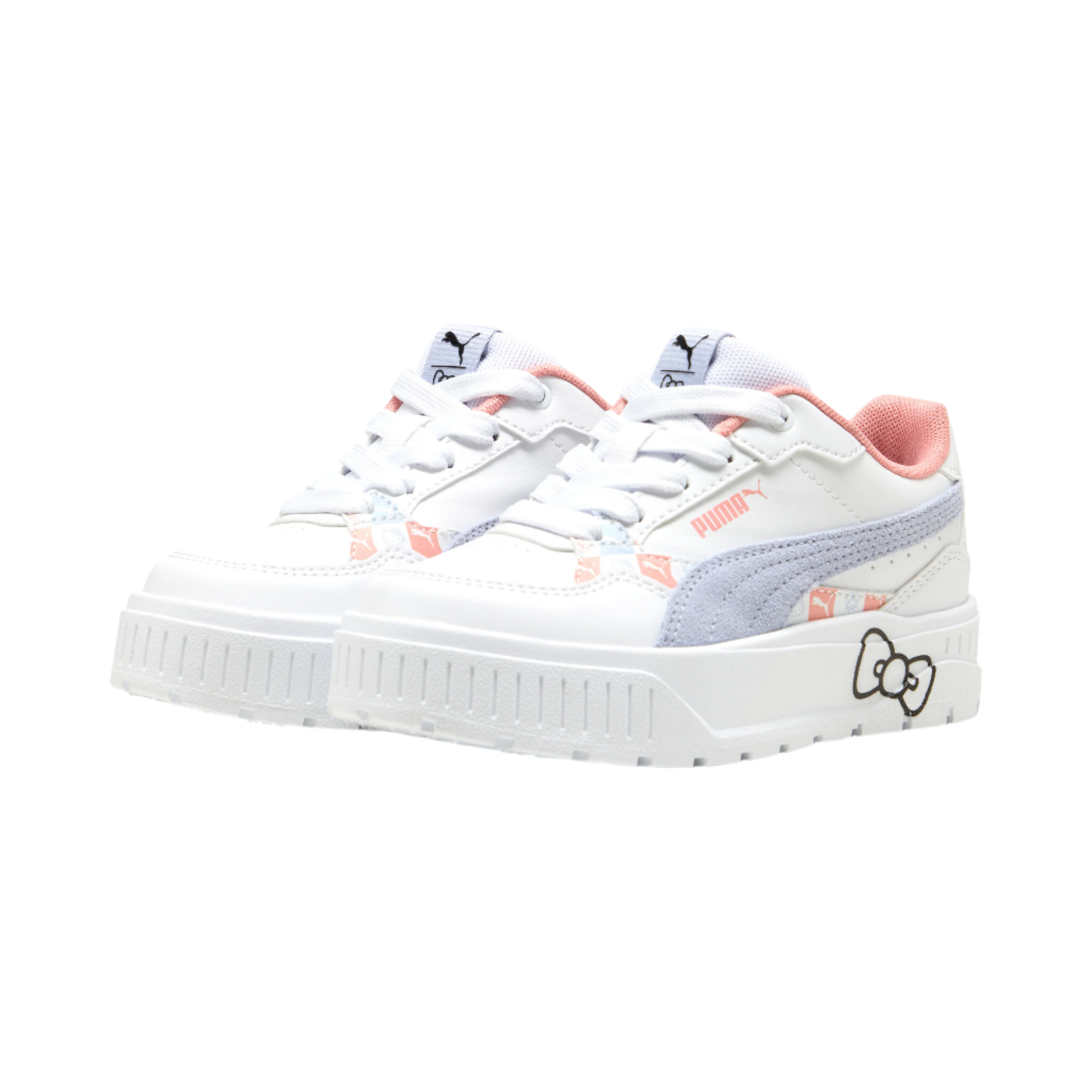Back angle highlighting rubber outsole and Hello Kitty heel logo detail.