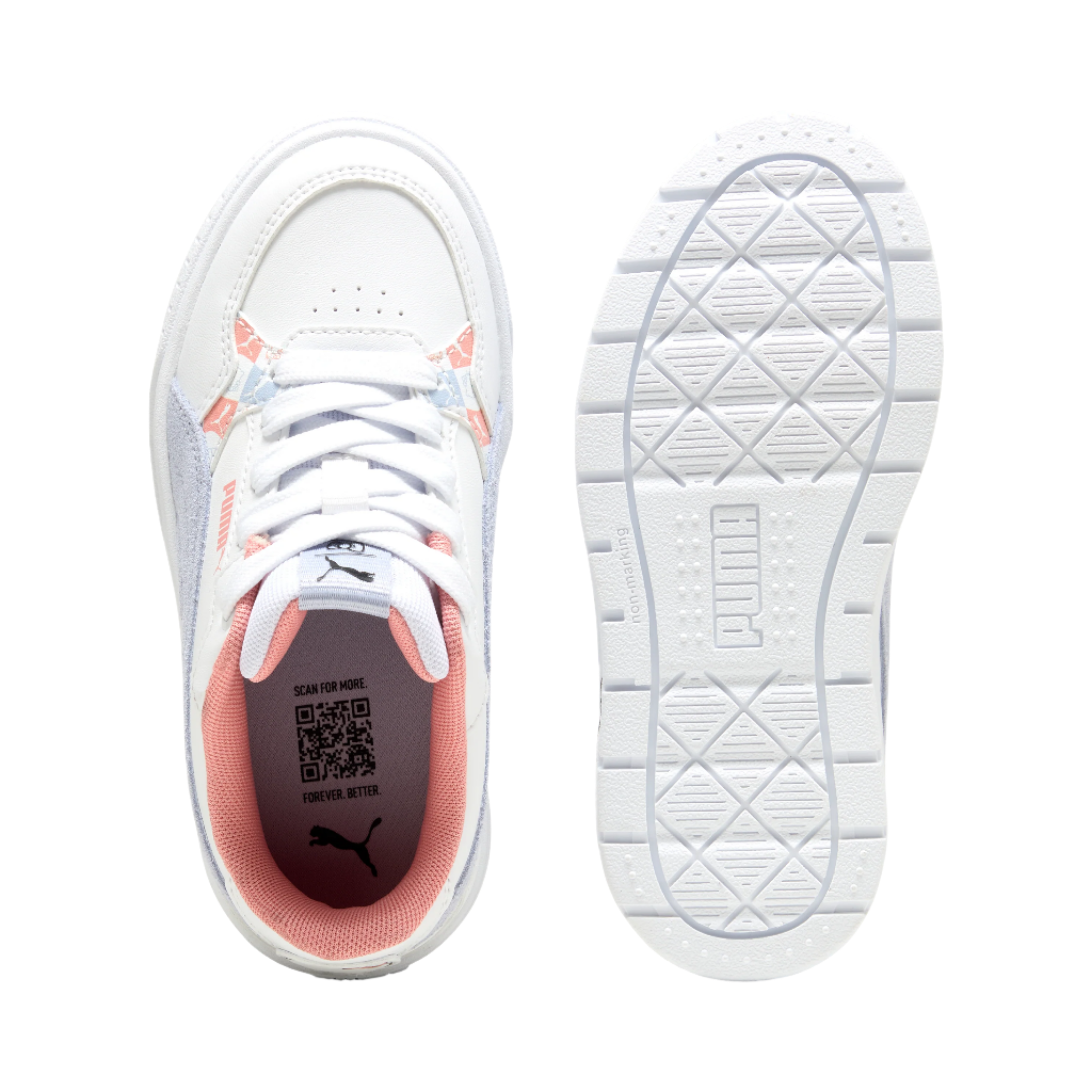 Side profile of kids sneakers showing Hello Kitty branding and sunset gradient tones.
