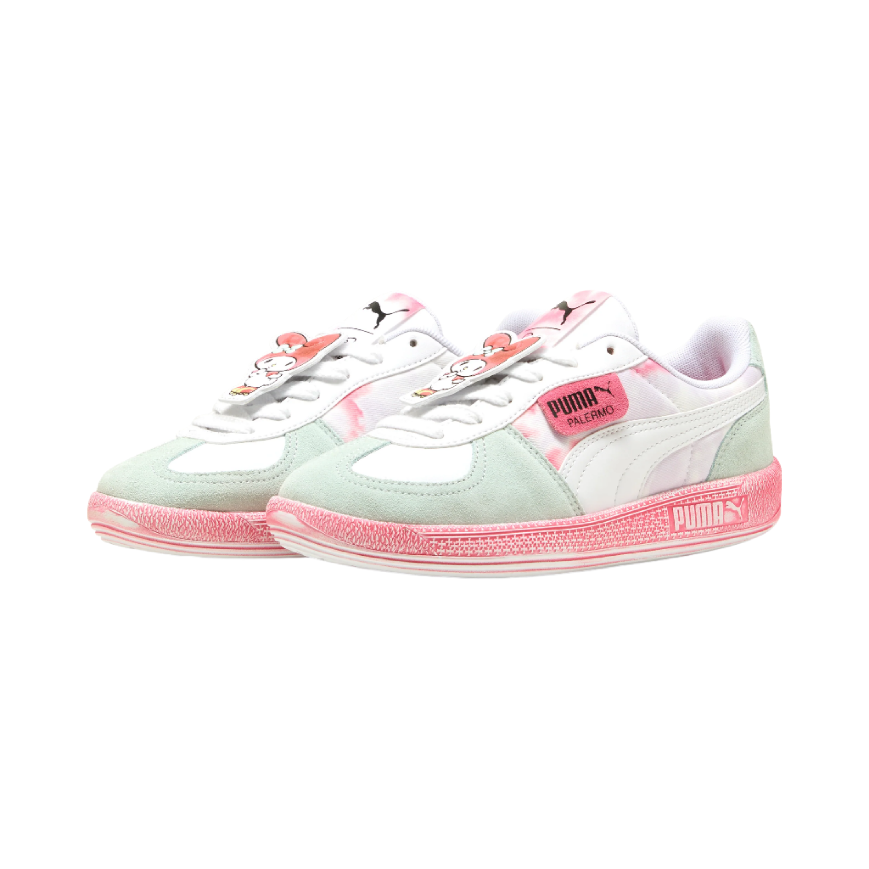 Close-up of the My Melody badge and SOFTFOAM+ cushioning on these kids Hello Kitty sneakers