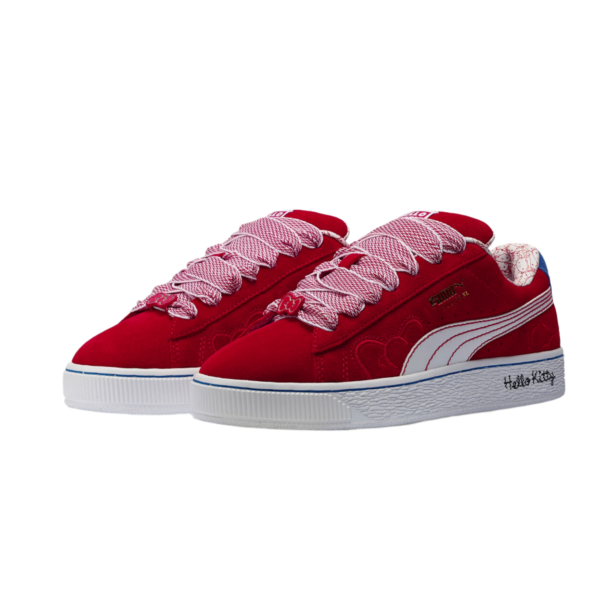 Hello Kitty x PUMA Womens Red Bow Suede XL Sneakers front view, highlighting the red bow detail