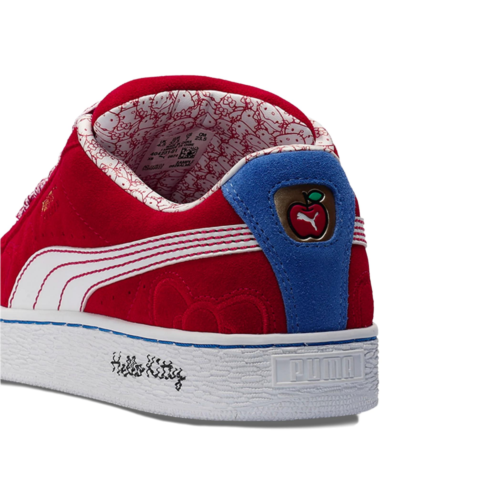 Hello Kitty x PUMA Womens Red Bow Suede XL Sneakers back view, featuring the Hello Kitty artwork on the heel