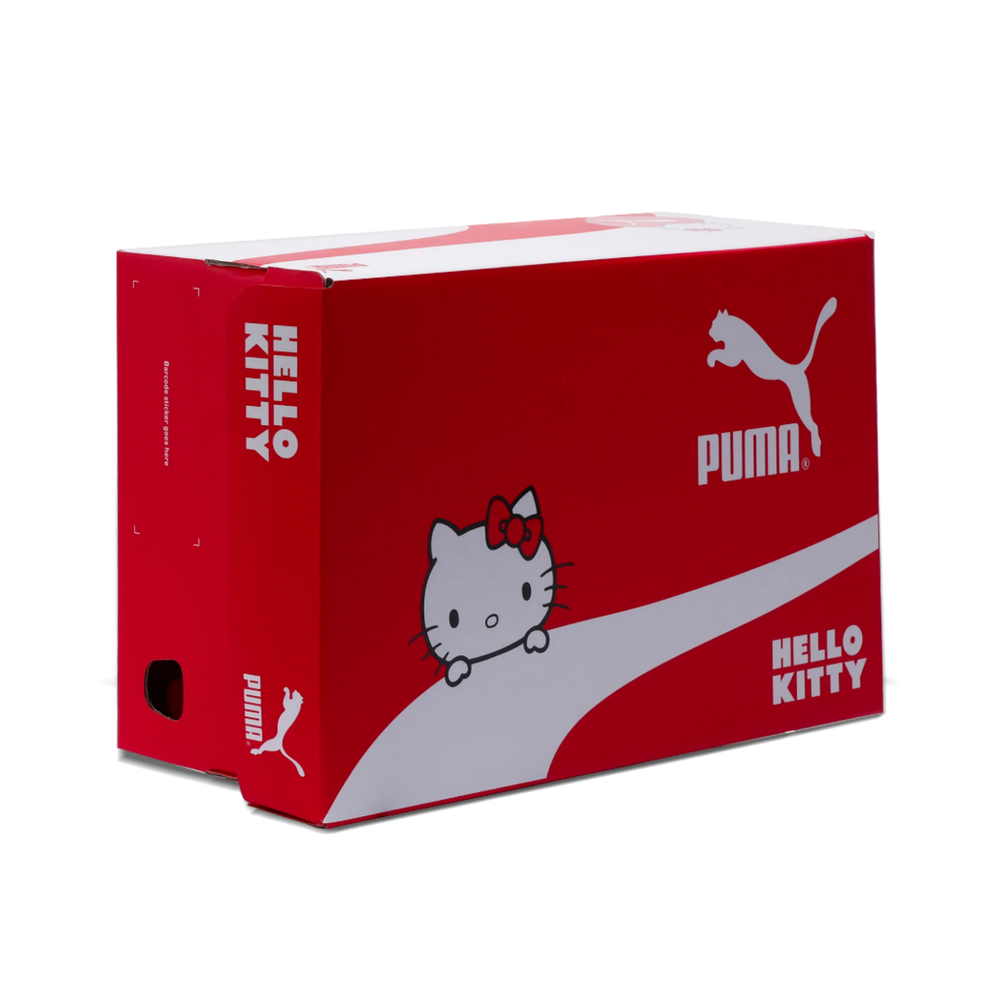 Hello Kitty x PUMA Womens Red Bow Suede XL Sneakers side view, showcasing the suede upper and thick laces