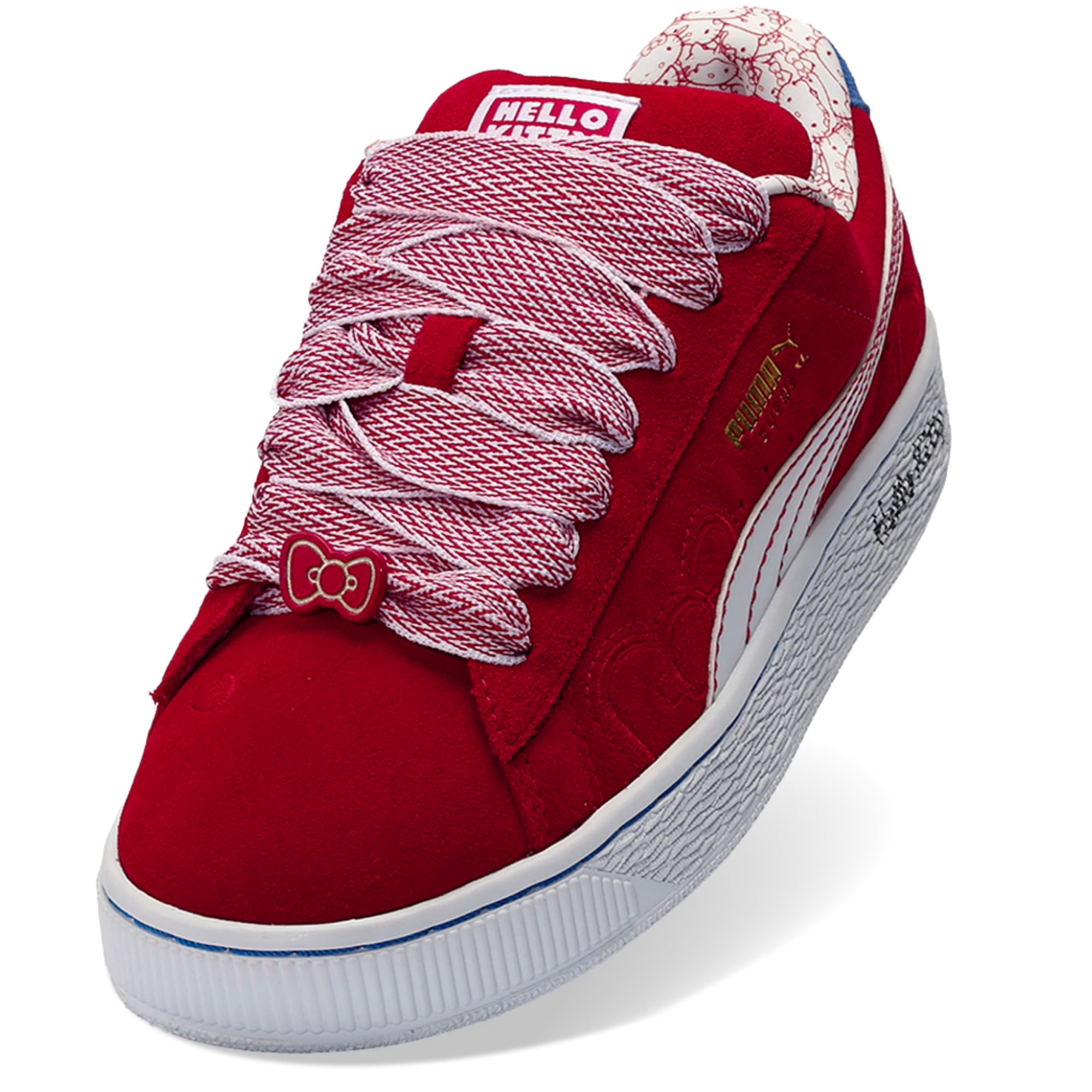 Hello Kitty x PUMA Womens Red Bow Suede XL Sneakers front view, highlighting the red bow detail