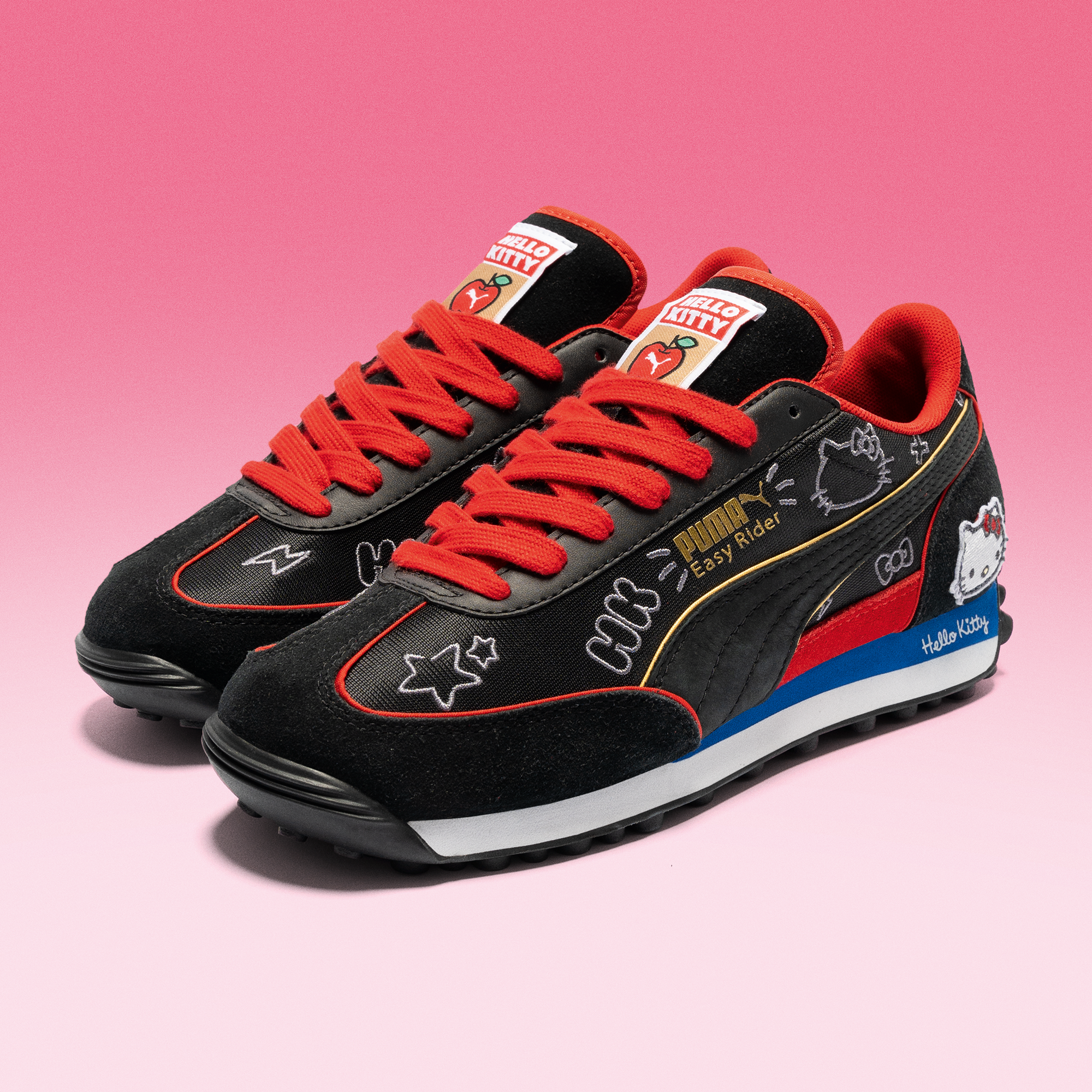 Front angle of vintage-inspired Hello Kitty sneakers with lace-up closure