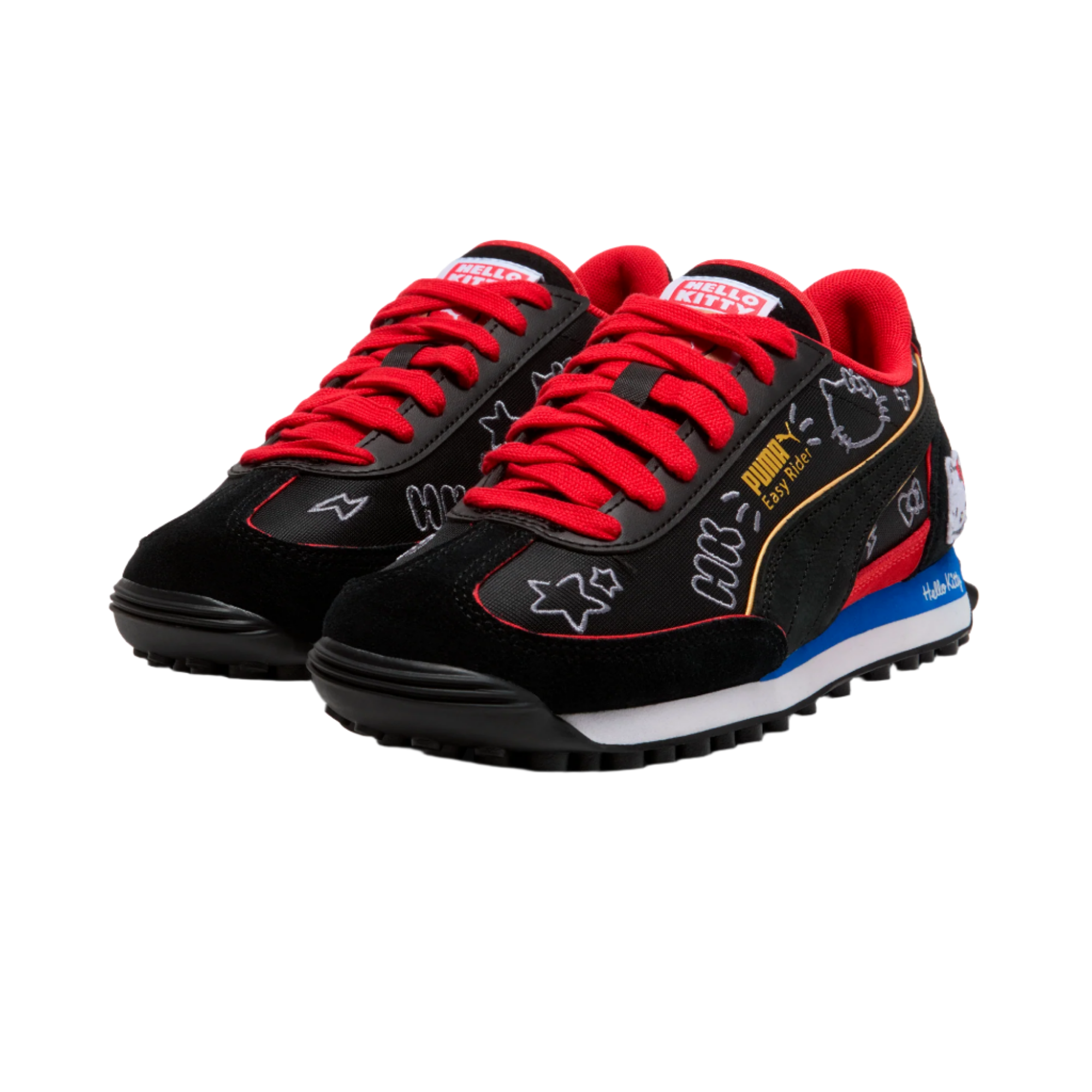 Close-up of PUMA branding and Hello Kitty artwork on shoe tongue