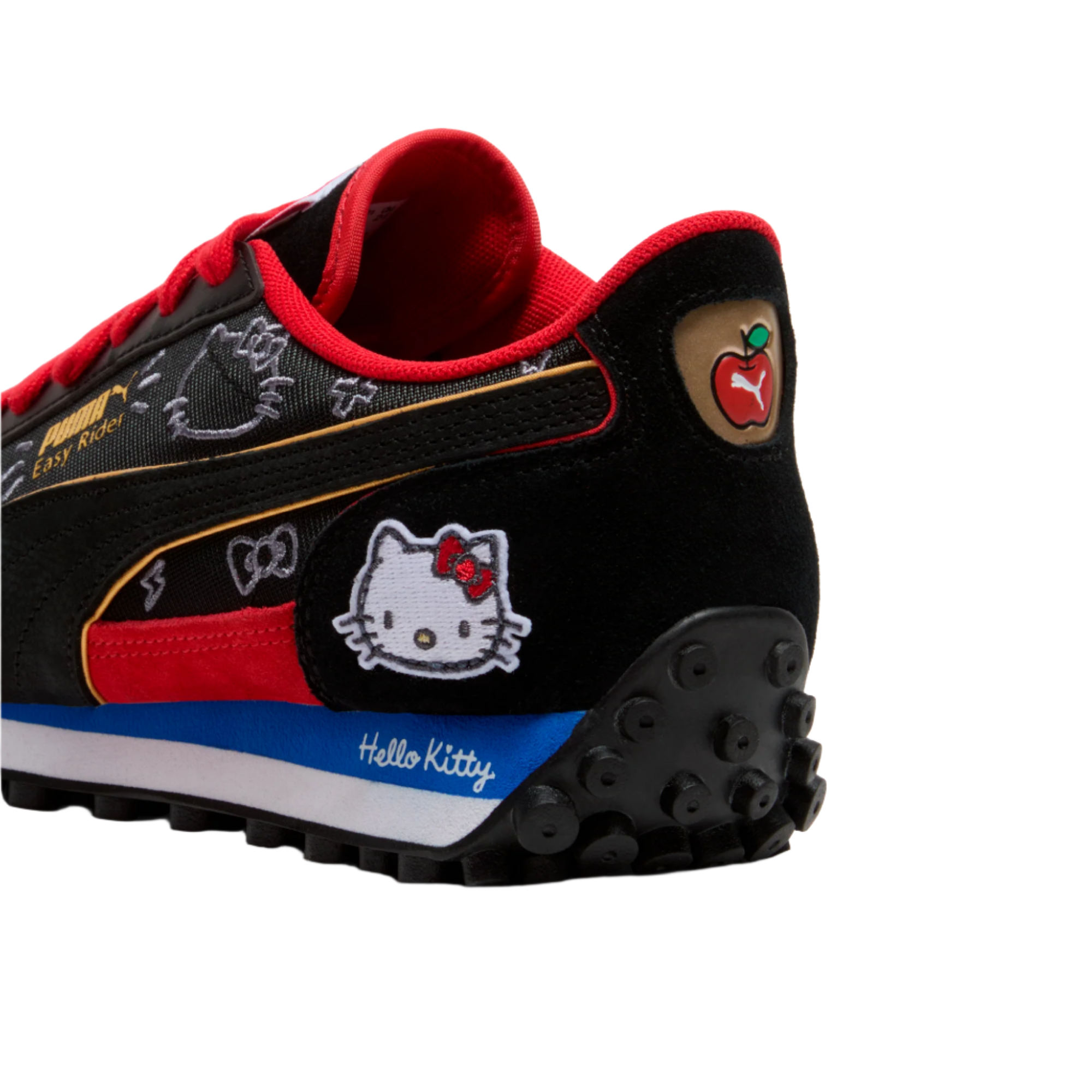 Front angle of vintage-inspired Hello Kitty sneakers with lace-up closure