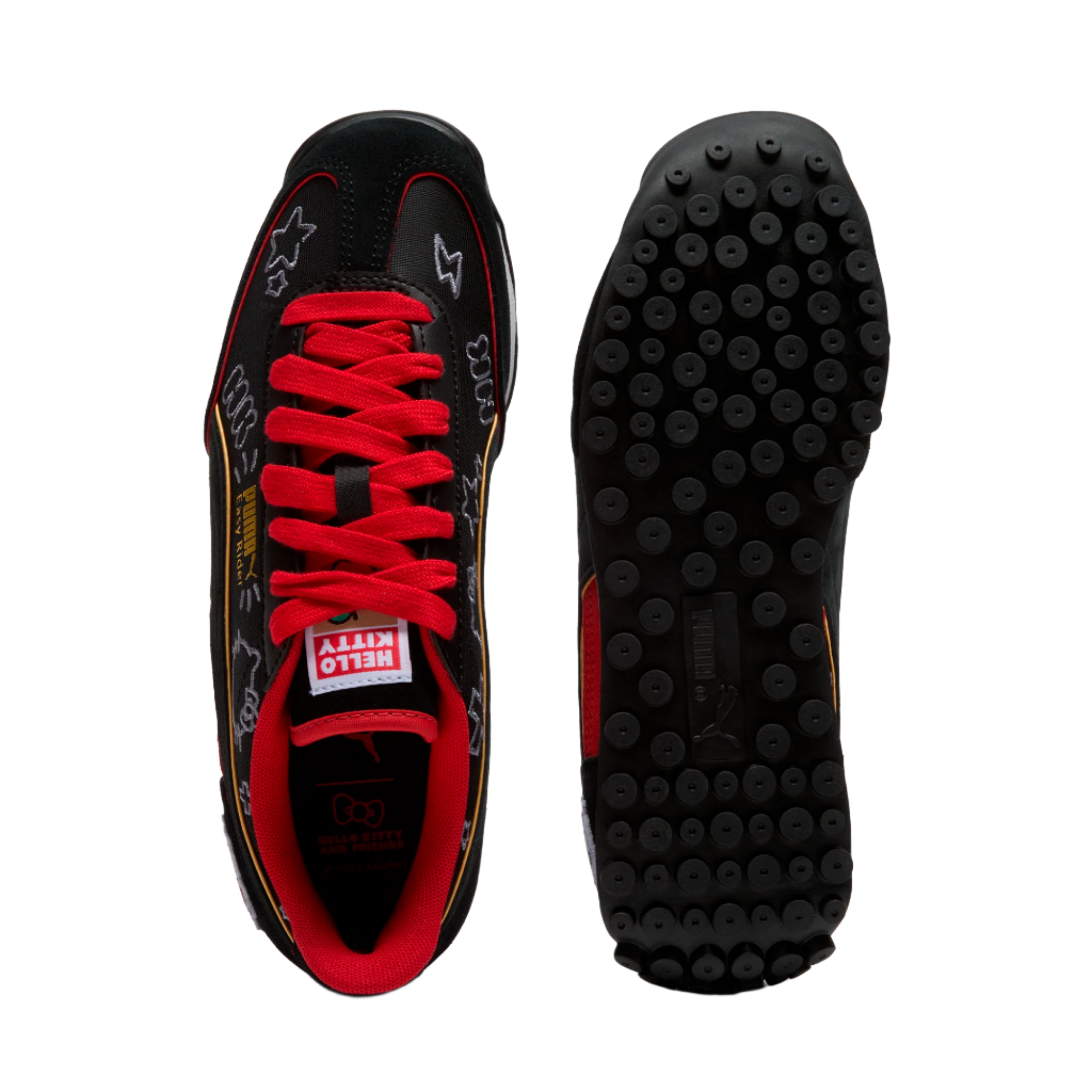 Close-up of PUMA branding and Hello Kitty artwork on shoe tongue