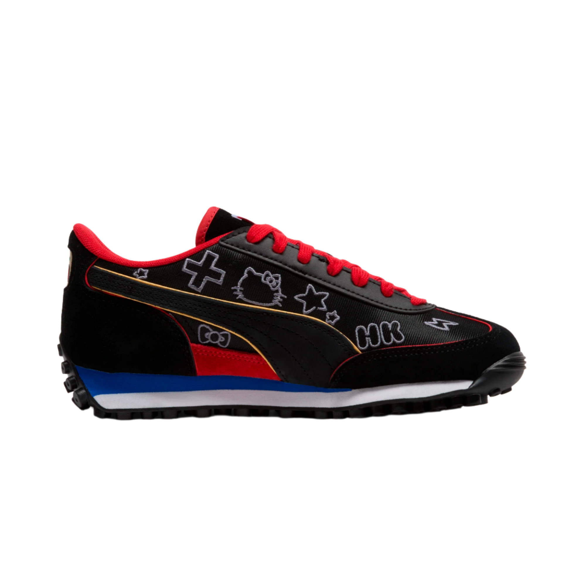 Side view of Hello Kitty x PUMA Easy Rider sneakers showing suede details