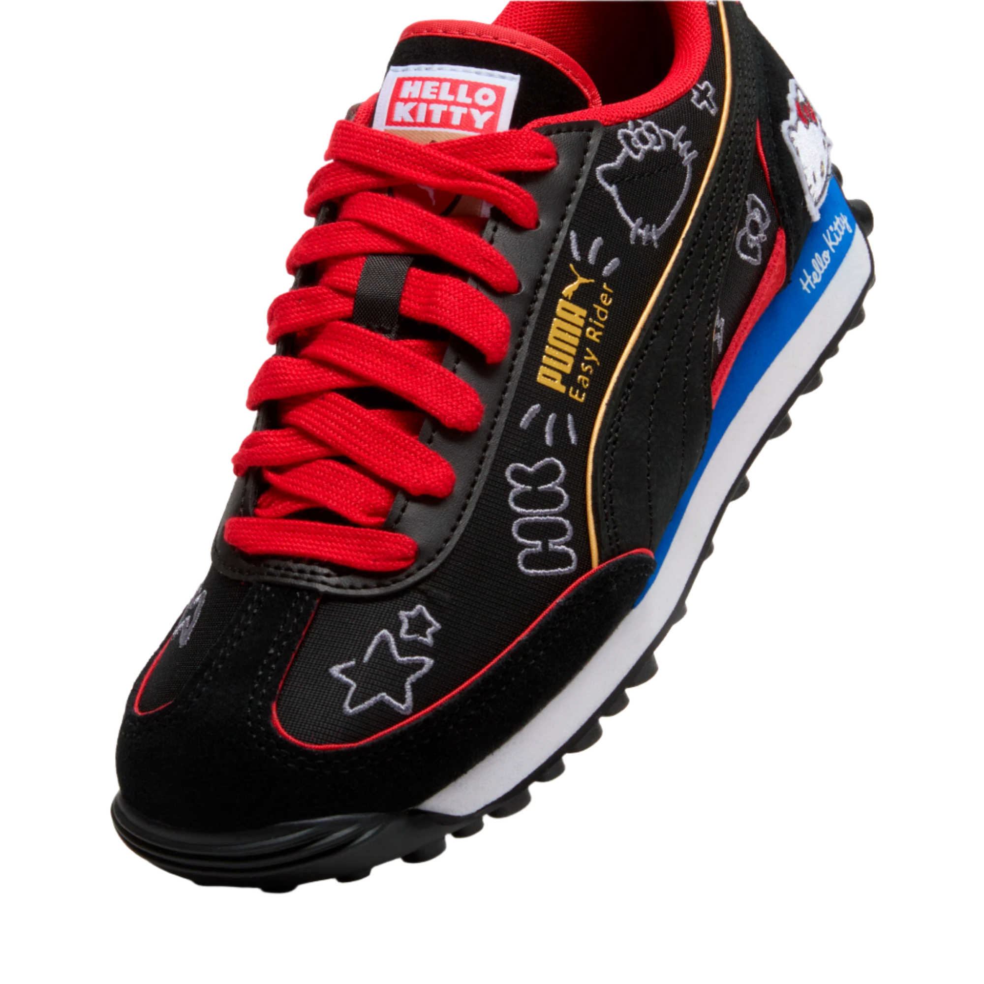 Front angle of vintage-inspired Hello Kitty sneakers with lace-up closure