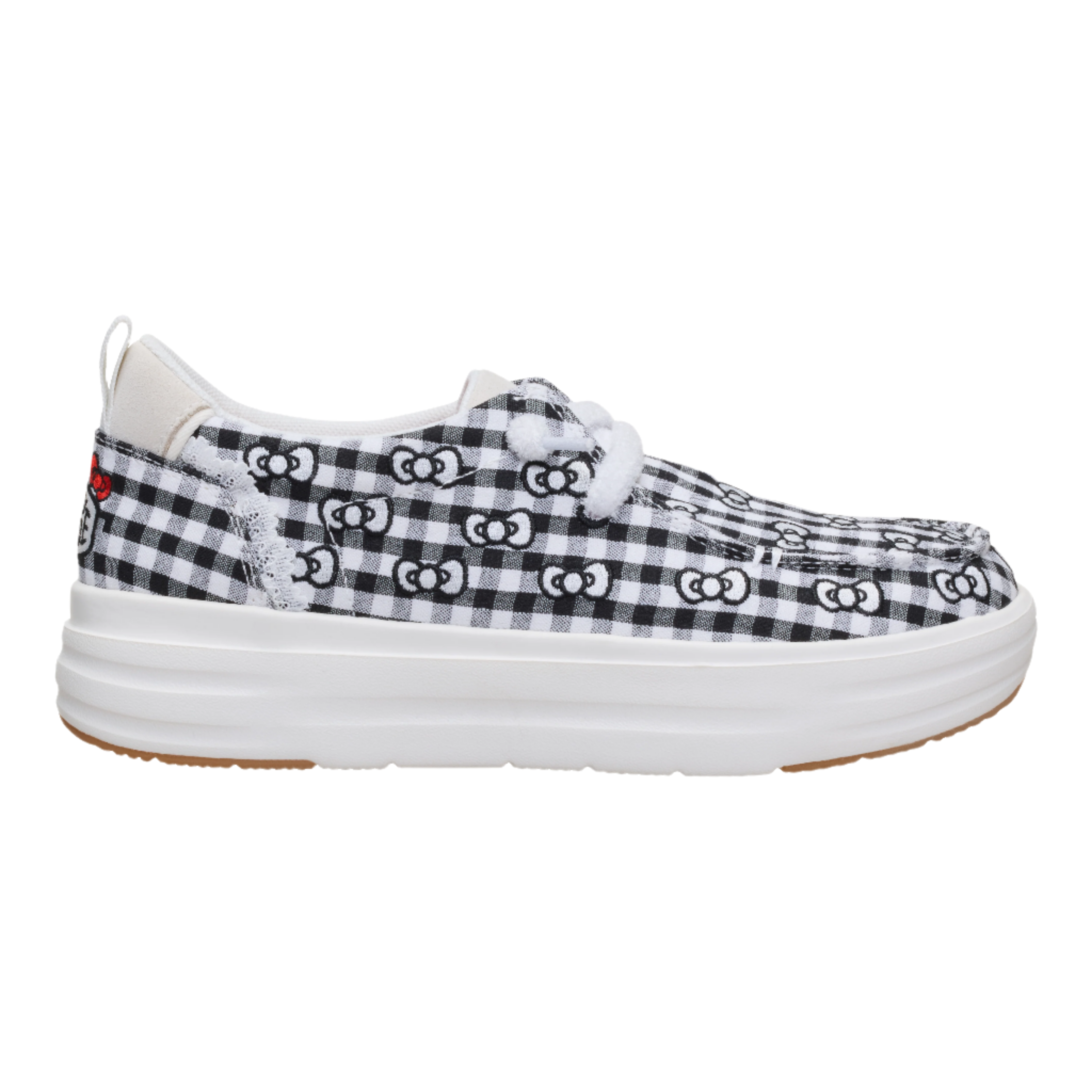 Close-up of the Hello Kitty design on the HEYDUDE Wendy Nova shoes