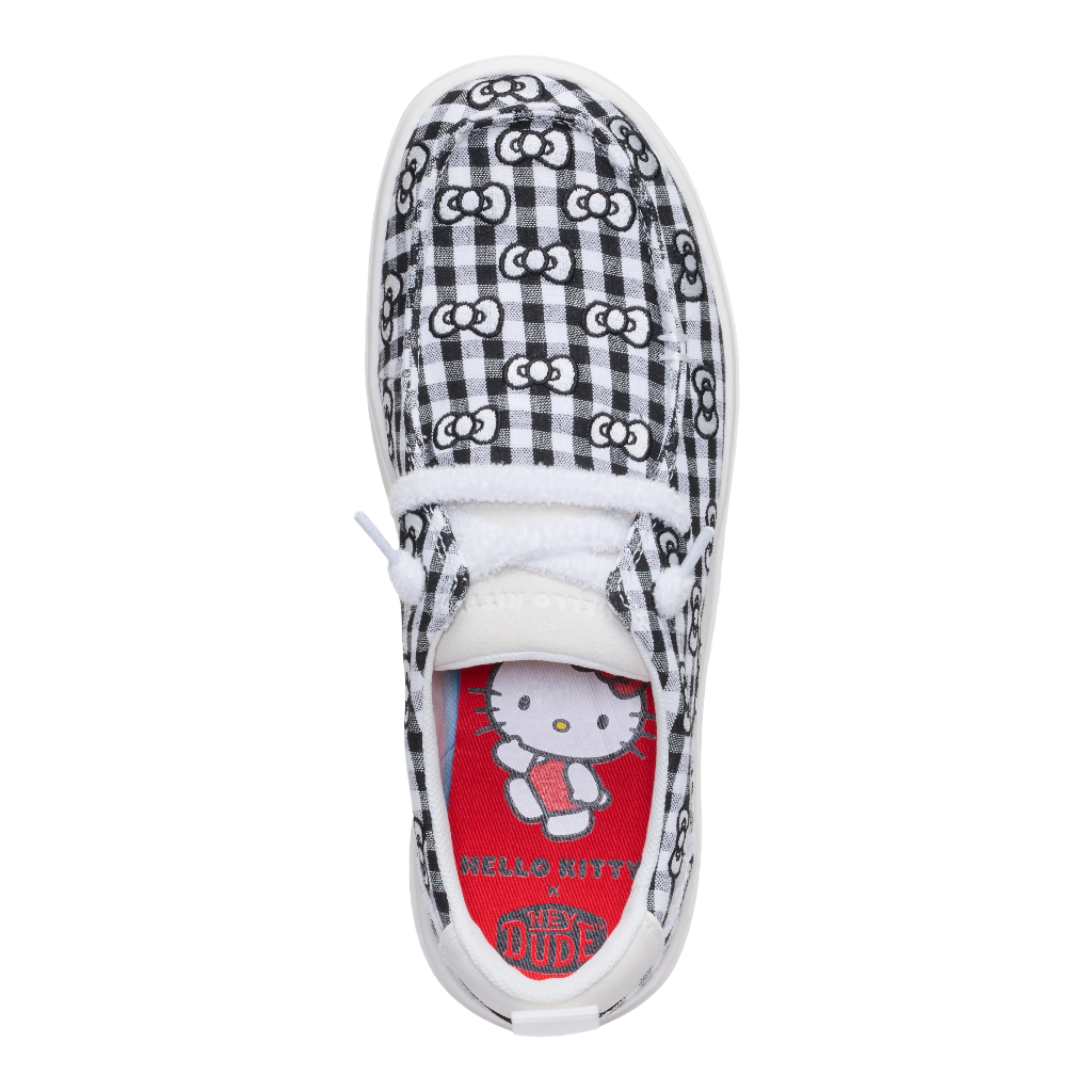 Close-up of the Hello Kitty design on the HEYDUDE Wendy Nova shoes