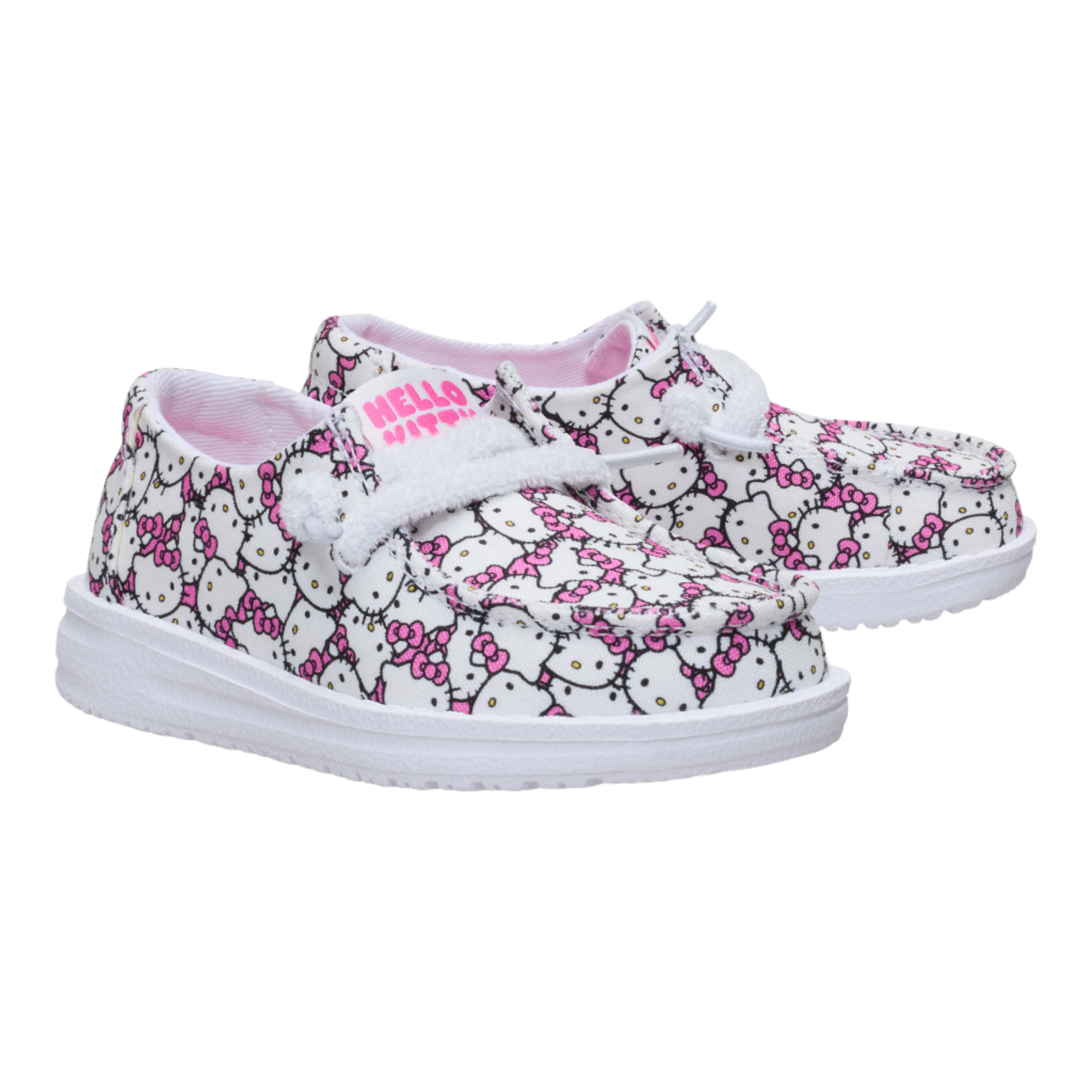 Side view of Hello Kitty toddler slip-on shoes with all-over print.