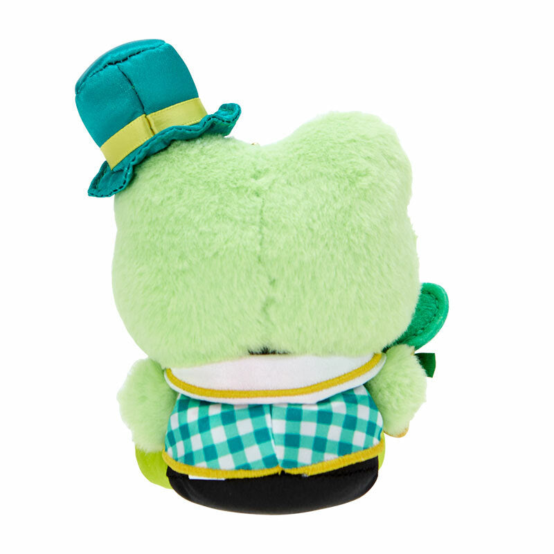 Front view of the Keroppi plush mascot showcasing its cute gingham outfit