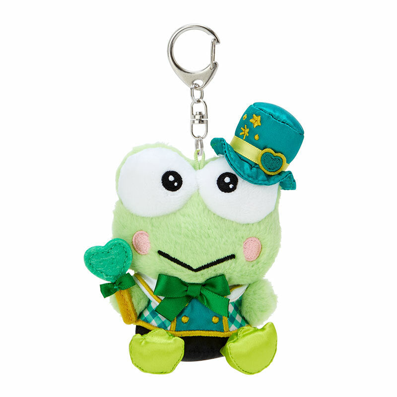 Close-up of Keroppi plush keychain with a gingham outfit and bow.