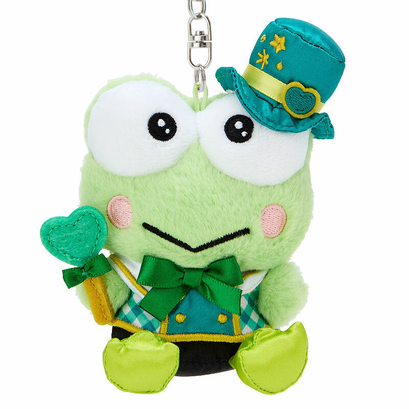 Keroppi plush keychain attached to a backpack with a playful design
