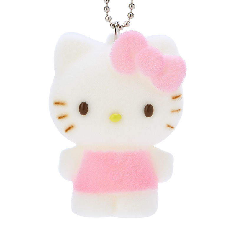 Close-up of Hello Kitty plush keychain showing flocked texture