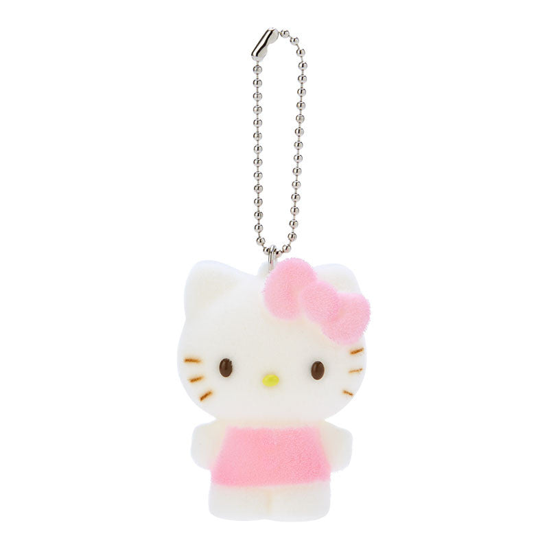 Hello Kitty flocked keychain mascot attached to a backpack strap