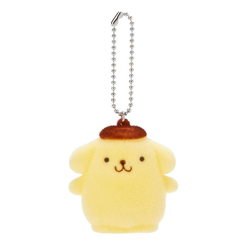 Close-up of Pompompurin flocked keychain on a keyring