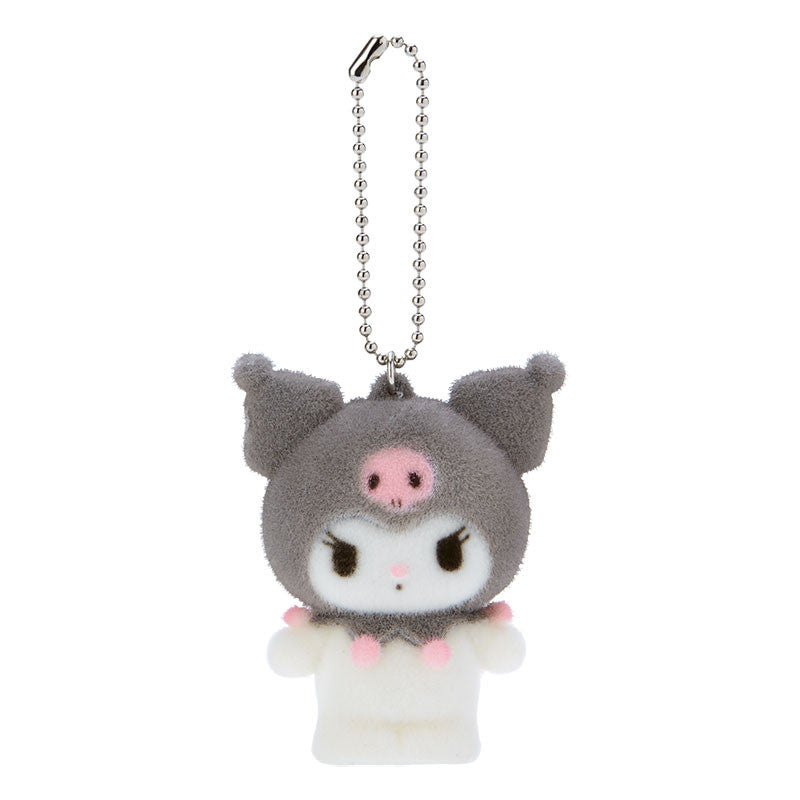 Flocked Kuromi keychain hanging from a backpack, showing textured surface