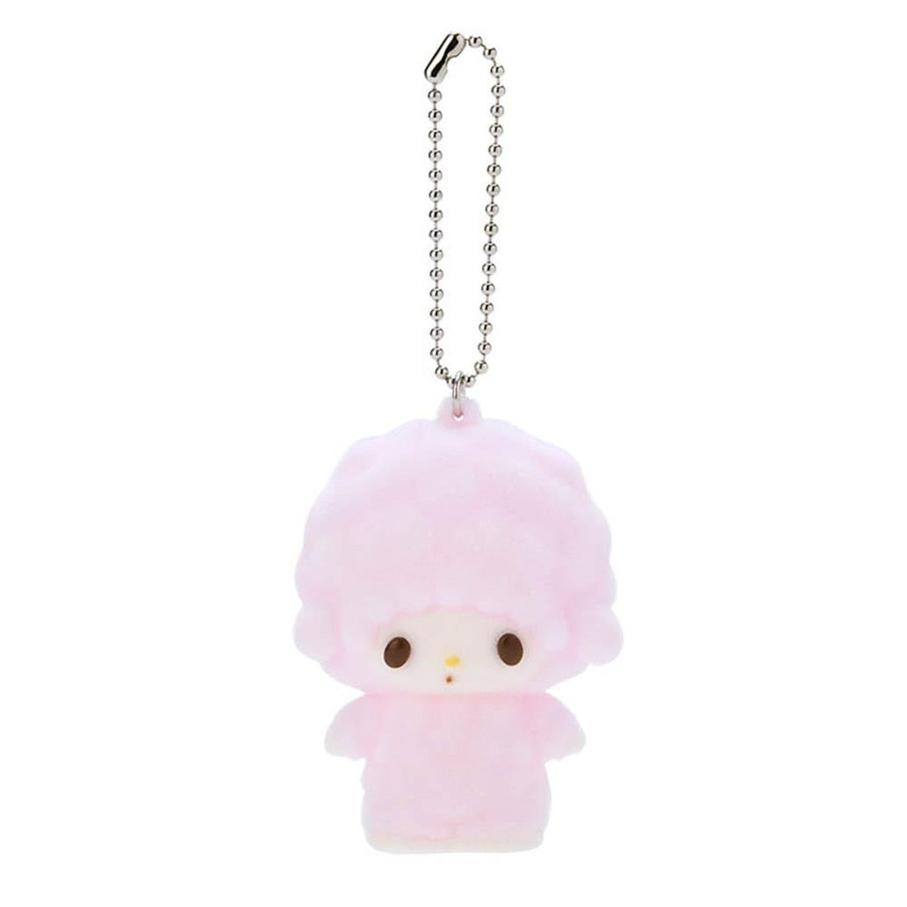 Close-up of Sanrio character keychain mascot with soft flocked texture.