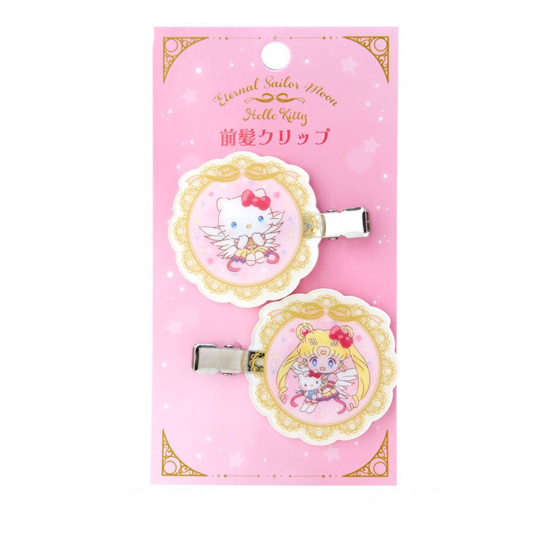 Sailor Moon and Hello Kitty hair clips worn in loose waves, showcasing both left and right pieces