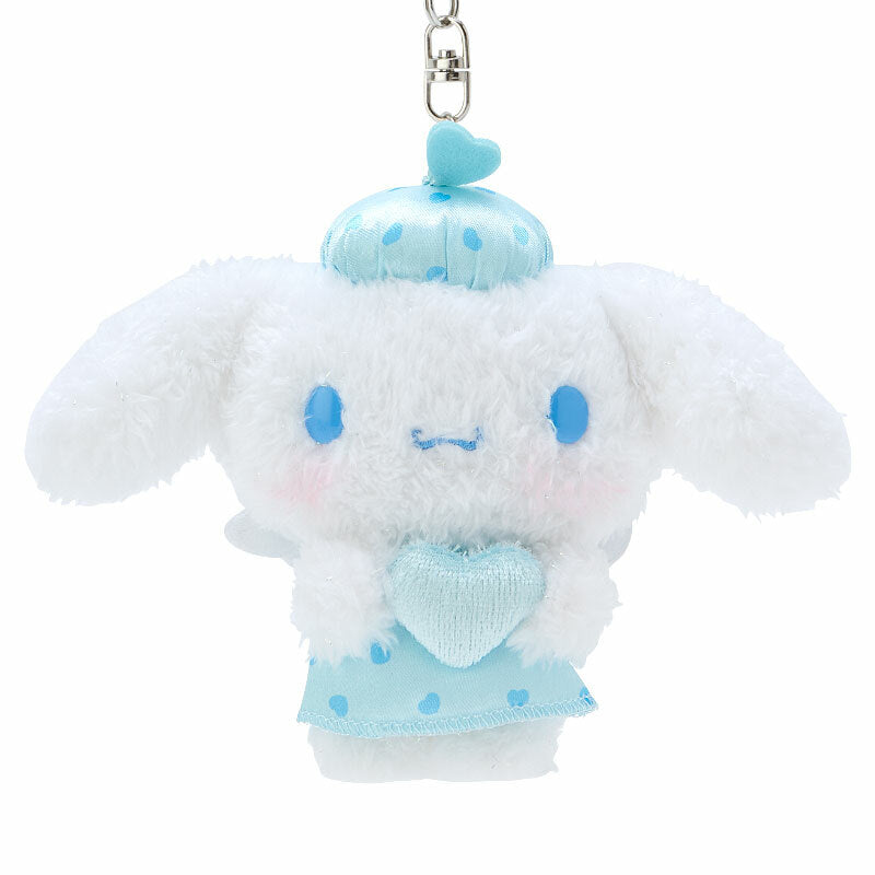 Cinnamoroll anime plush toy keychain attached to a bag, showcasing its push clasp closure