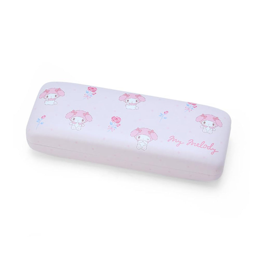 My Melody eyeglass case and cleaning cloth, laid out on a table