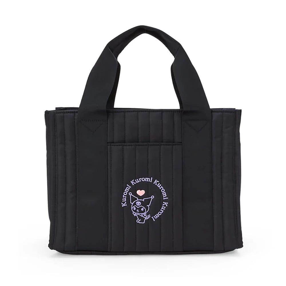 Front view of Kuromi quilted tote showing embroidered character and snap closure